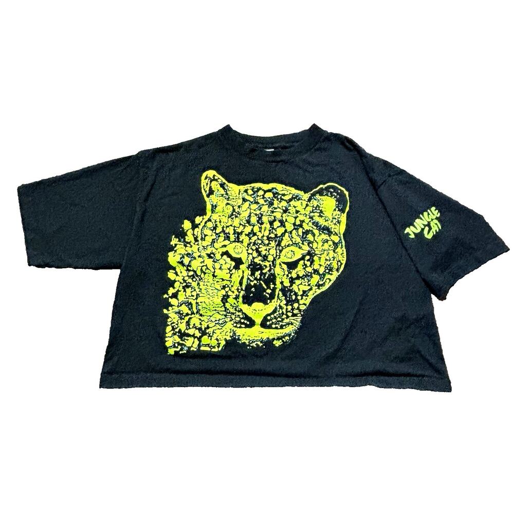 Vtg 90s Neon Leapord "Jungle Cat" Graphic Art Shirt Womens Cropped Black USA
